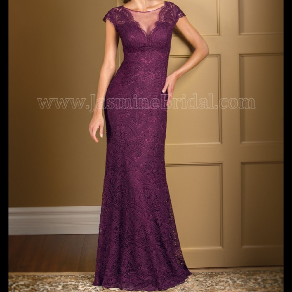 Jade Couture Long Lace Wine Petite Evening Gown